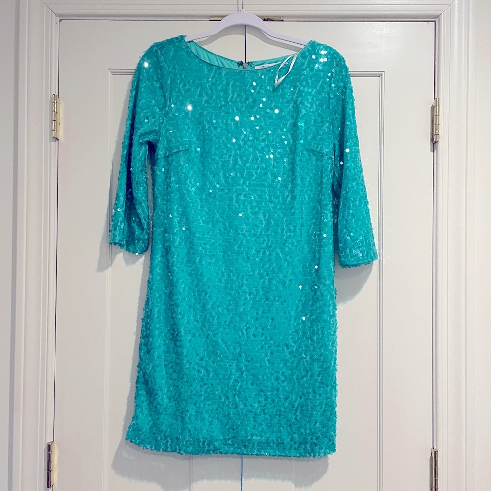 FOREVER 21 Aqua Sequin Dress with Quarter Sleeve and Zipper Back, Size M